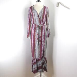 R. Vivimos Women’s M Boho Floral Stripe Bell Sleeve Maxi Wrap Dress New